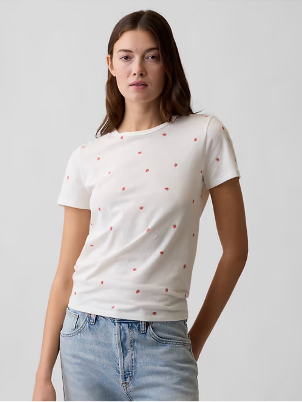 GAP Factory White Short Sleeve Tee with Tiny Strawberry Print